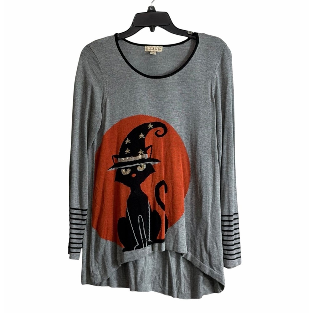 One World Small Halloween Tunic Top Black Cat Witch Hat Rhinestone Blouse